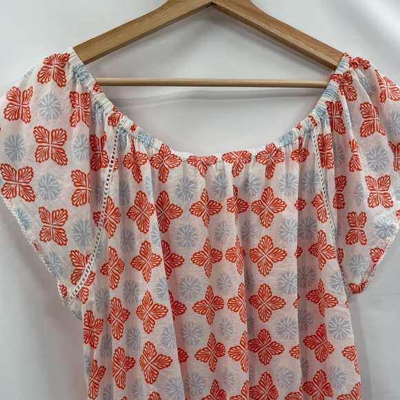 Sigrid Olsen Cotton Peasant Flutter Sleeve Printed Top | White/Orange/Blue | Med - Picture 5 of 7